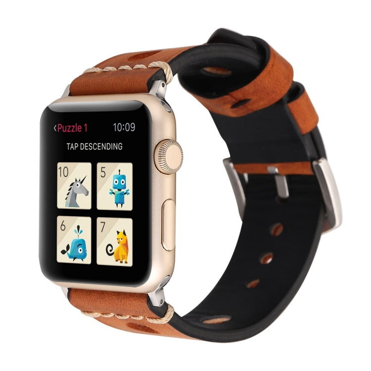 For Apple Watch Series 7 45mm / 6 & SE & 5 & 4 44mm / 42mm 3 & 2 & 1 Retro Hole Genuine Leather Wrist Watch Band, For 42mm