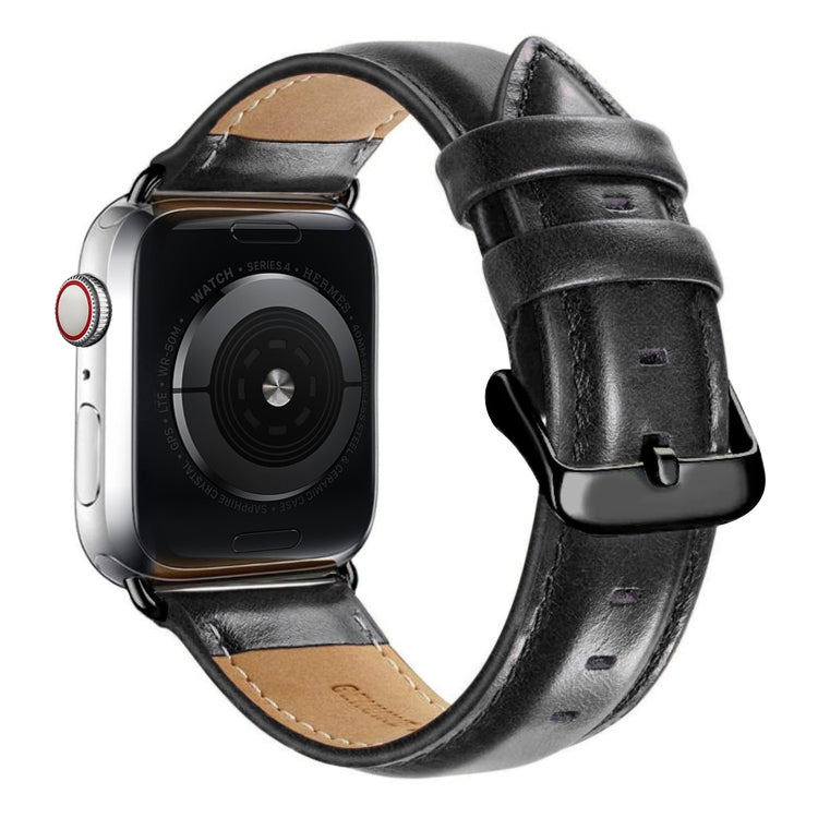 Schwarzes Lederarmband mit Dornschließe für Apple Watch Series 10 (42 mm), 9, 8 und 7 (41 mm), SE 3, SE 2, 6, SE, 5 und 4 (40 mm) sowie 3, 2 und 1 (38 mm) und weitere Modelle.