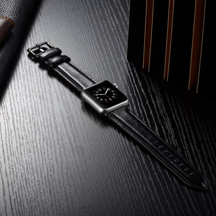 Schwarzes Lederarmband mit Dornschließe für Apple Watch Series 10 (42 mm), 9, 8 und 7 (41 mm), SE 3, SE 2, 6, SE, 5 und 4 (40 mm) sowie 3, 2 und 1 (38 mm) und weitere Modelle.