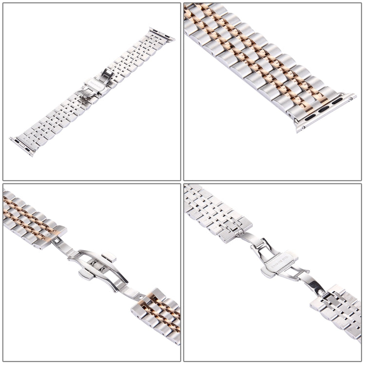 20mm Women Hidden Butterfly Buckle 7 Beads Stainless Steel Watch Band For Apple Watch 38mm(Silver Gold), 20mm Women