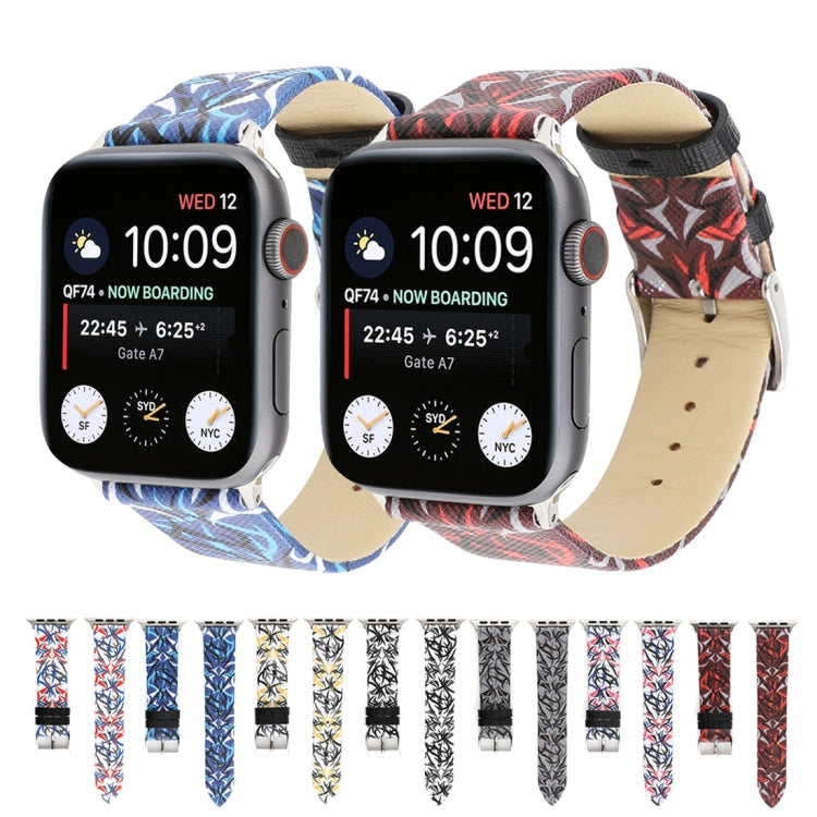 Thorns Printing Genuine Leather Watch Band for Apple Watch Series 10 42mm / 9&8&7 41mm / SE 3&SE 2&6&SE&5&4 40mm / 3&2&1 38mm, 40mm