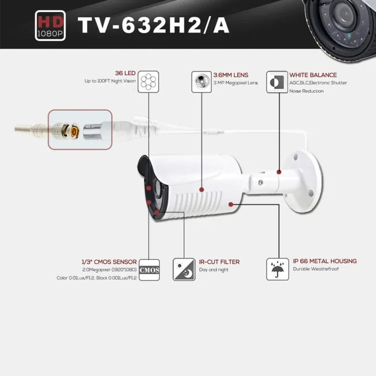 632A-H2 CE & RoHS Certificated Waterproof 3.6mm 5MP Lens AHD Camera with 36 IR LED, Support Night Vision & White Balance, 632A-H2, 632A-W, 632A-L