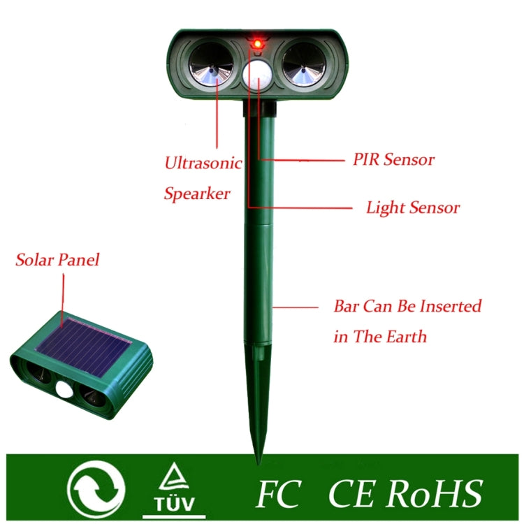 2 PCS Powerful Ultrasonic Solar-powered Animal Repeller With PIR Sensor & Light Sensor, Got the CE / ROHS Certification, 2PCS RC-510