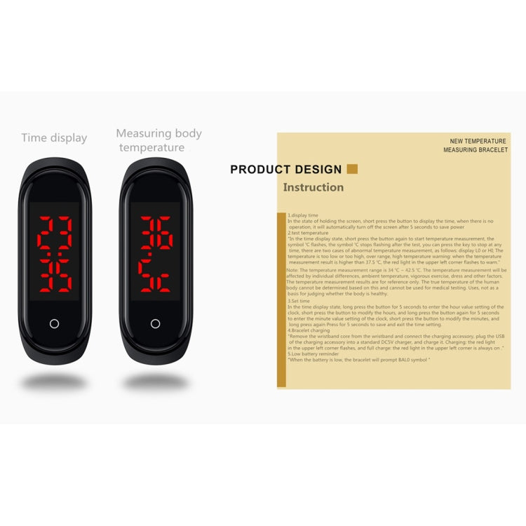 Bracelet connecté V8 pour la surveillance de la température, plage de mesure : 30-45 degrés Celsius