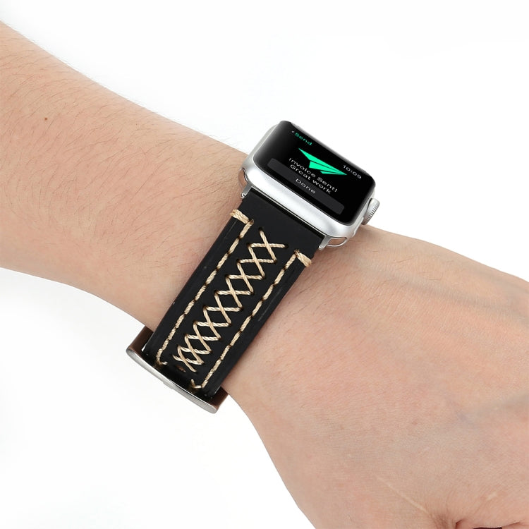 Für Apple Watch Ultra 49 mm & Watch Ultra 2 49 mm / Series 10 46 mm / 9 & 8 & 7 45 mm / SE 3 & SE 2 & 6 & SE 5 & 4 44 mm / 3 & 2 & 1 42 mm: Armband aus echtem Leder mit Linienmuster, passend für 42 mm