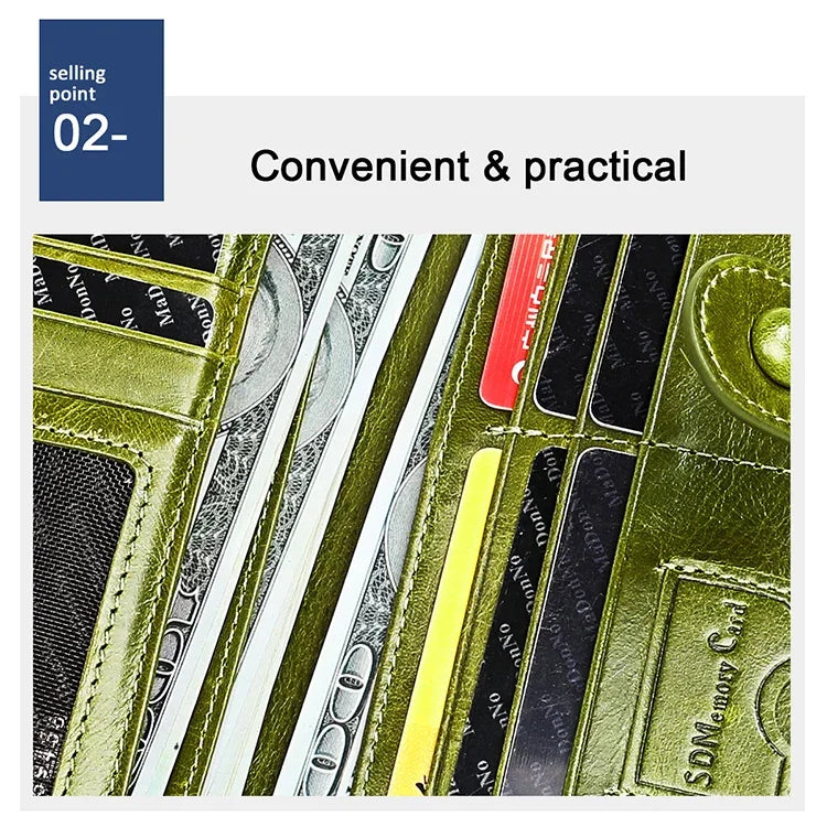 3520 Long Cowhide Leather Folding Anti-magnetic RFID Wallet for Ladies, with Card Slots, 3520 Black, 3520 Coffee, 3520 Blue, 3520 Red, 3520 Yellowish-brown