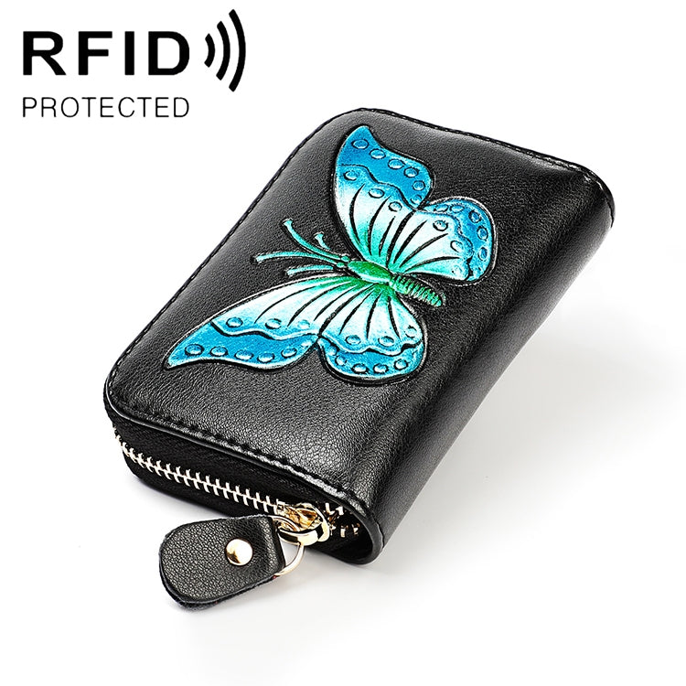 KB152 Butterfly Pattern Zipper Cowhide Leather Organ Shape Multiple Card Slots Anti-magnetic RFID Wallet for Ladies, KB152 Colour, KB152 Blue, KB152 Purple, KB152 Silver