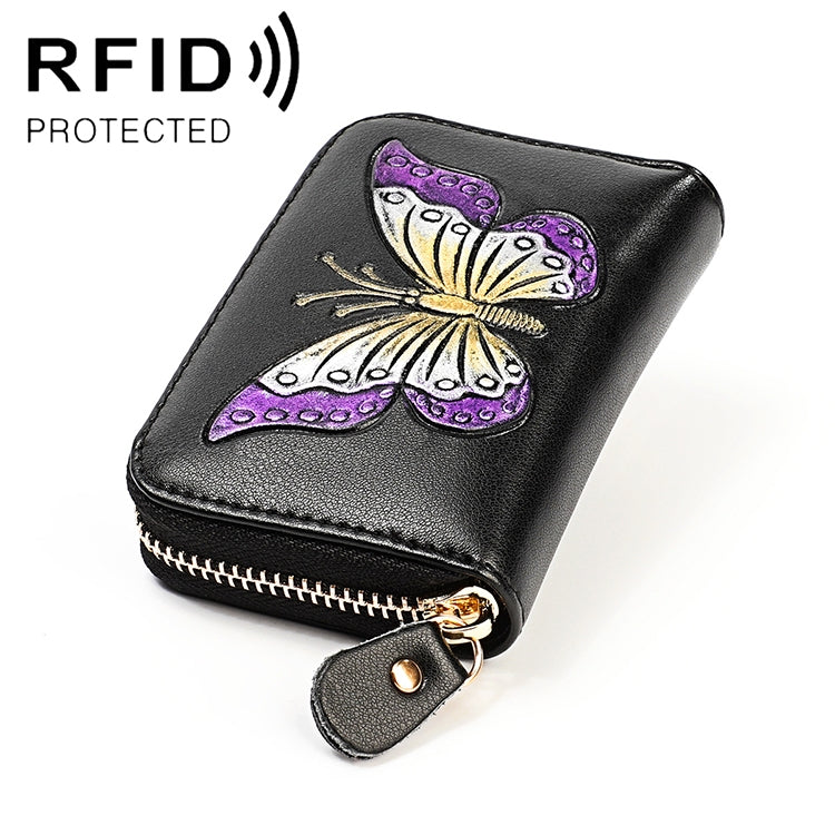 KB152 Butterfly Pattern Zipper Cowhide Leather Organ Shape Multiple Card Slots Anti-magnetic RFID Wallet for Ladies, KB152 Colour, KB152 Blue, KB152 Purple, KB152 Silver