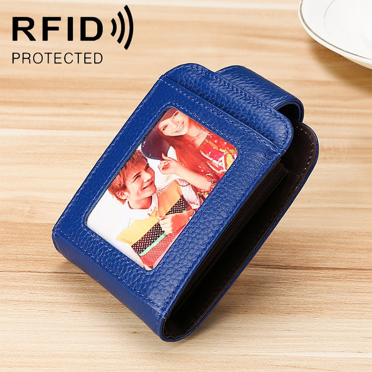 KB189 Vertical Cowhide Leather Organ Shape Multiple Card Slots Anti-magnetic RFID Wallet for Ladies, with Transparent Window, KB189 Sapphire Blue, KB189 Black, KB189 Coffee, KB189 Purple, KB189 Rose Red