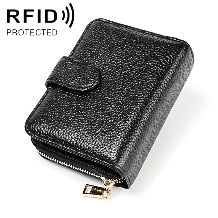 KB192 Buckle Zipper Cowhide Leather Organ Shape Multiple Card Slots Anti-magnetic RFID Wallet Clutch Bag for Men, KB192 Black, KB192 Coffee
