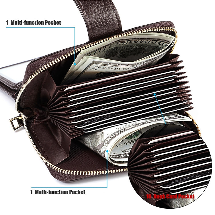 KB192 Buckle Zipper Cowhide Leather Organ Shape Multiple Card Slots Anti-magnetic RFID Wallet Clutch Bag for Men, KB192 Black, KB192 Coffee