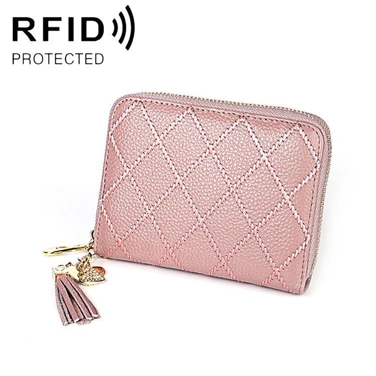 KB213 Diamond Texture Zipper Cowhide Leather Double Row Organ Shape Multiple Card Slots Anti-magnetic RFID Wallet Clutch Bag for Ladies, KB213 Rose Red, KB213 Black, KB213 Pink, KB213 Blue, KB213 Light Pink