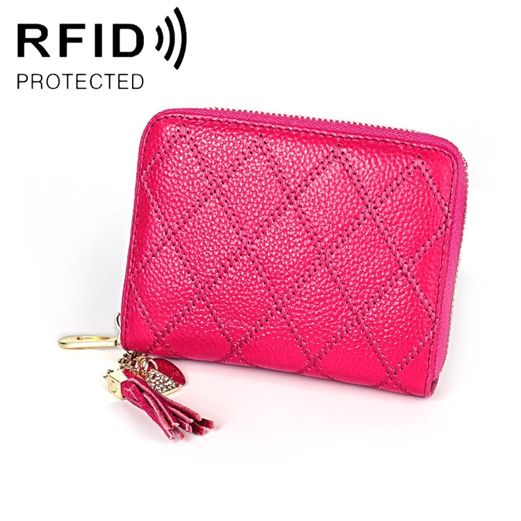KB213 Diamond Texture Zipper Cowhide Leather Double Row Organ Shape Multiple Card Slots Anti-magnetic RFID Wallet Clutch Bag for Ladies, KB213 Rose Red, KB213 Black, KB213 Pink, KB213 Blue, KB213 Light Pink