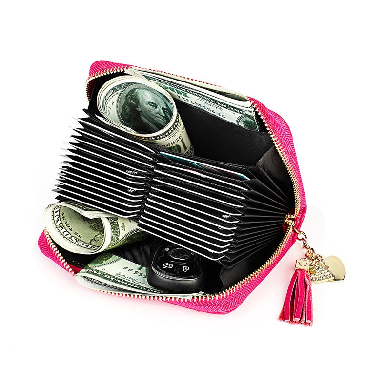 KB213 Diamond Texture Zipper Cowhide Leather Double Row Organ Shape Multiple Card Slots Anti-magnetic RFID Wallet Clutch Bag for Ladies, KB213 Rose Red, KB213 Black, KB213 Pink, KB213 Blue, KB213 Light Pink