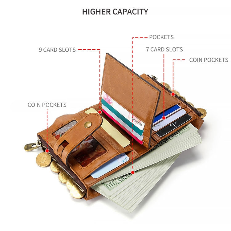 LT3539 Cowhide Leather Zipper Buckle Anti-magnetic RFID Wallet Clutch Bag for Men, with Card Slots & Shoulder Strap, LT3539 Shoulder Strap Blue, LT3539 Strap Red, LT3539 Yellowish-brown