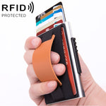 X-32C Automatically Pop-up Card Type Anti-magnetic RFID Anti-theft Men Aluminum Alloy A Dial Button Elastic Bag Wallet with PU Leather Strap, X-32C A Dial Button Black, X-32C A Dial Button  Silver