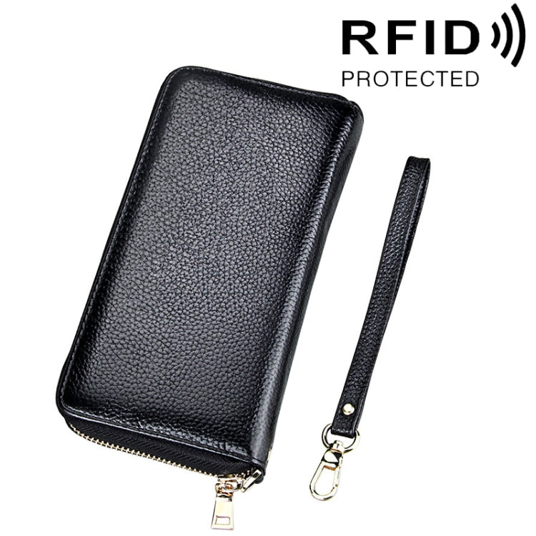 Genuine Cowhide Leather Litchi Texture Zipper Long Style Card Holder Wallet RFID Blocking Coin Purse Card Bag Protect Case with Hand Strap for Women, Size: 20*10.5*3cm