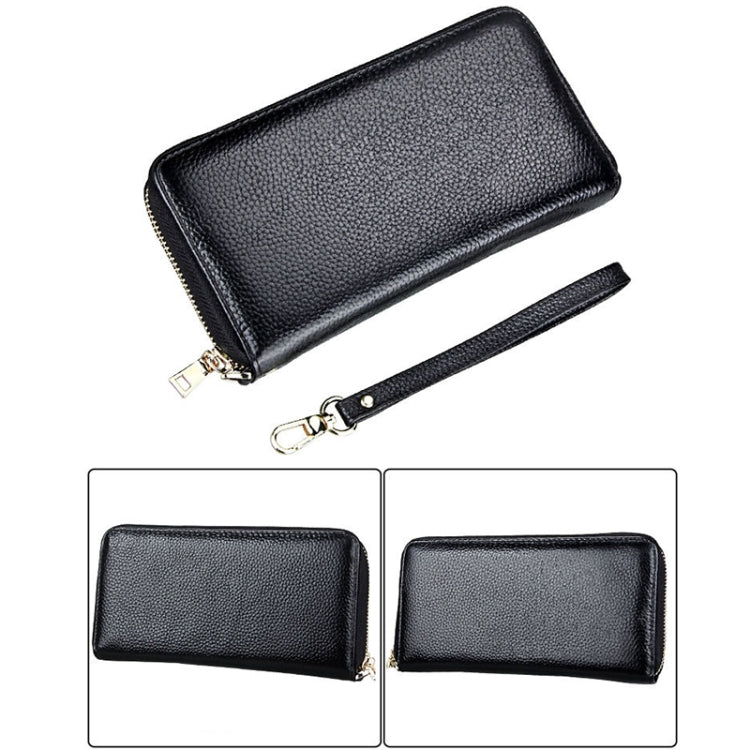 Genuine Cowhide Leather Litchi Texture Zipper Long Style Card Holder Wallet RFID Blocking Coin Purse Card Bag Protect Case with Hand Strap for Women, Size: 20*10.5*3cm