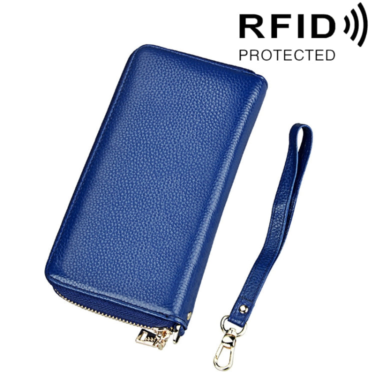 محفظة بطاقات طويلة بسحاب من جلد بقر أصلي بنقشة الليتشي مع حجب RFID، حافظة عملات، حقيبة بطاقات، غطاء حماية مع حزام يد للنساء، الحجم: 20*10.5*3 سم