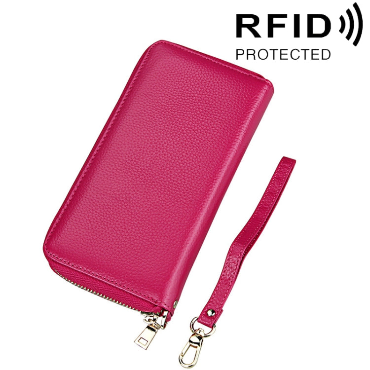 محفظة بطاقات طويلة بسحاب من جلد بقر أصلي بنقشة الليتشي مع حجب RFID، حافظة عملات، حقيبة بطاقات، غطاء حماية مع حزام يد للنساء، الحجم: 20*10.5*3 سم
