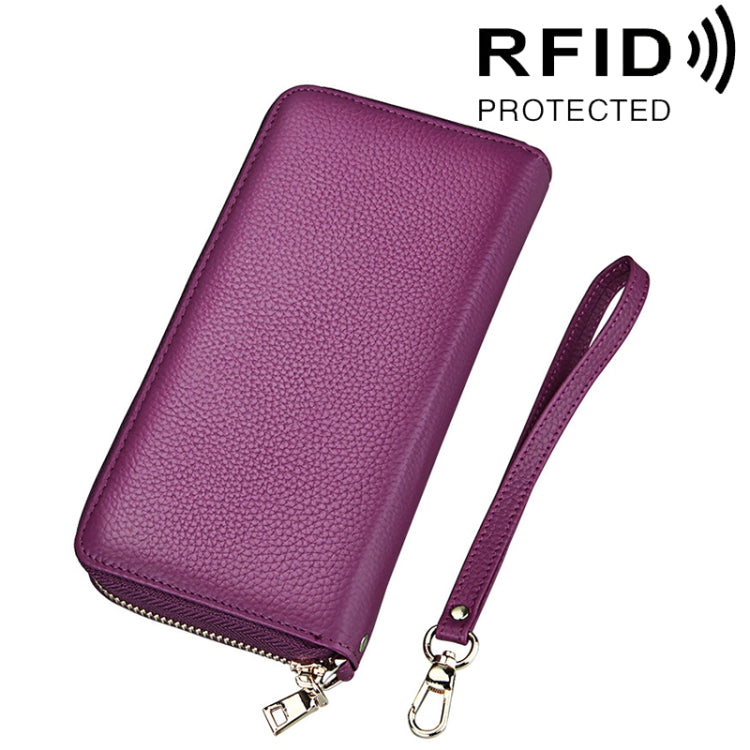 محفظة بطاقات طويلة بسحاب من جلد بقر أصلي بنقشة الليتشي مع حجب RFID، حافظة عملات، حقيبة بطاقات، غطاء حماية مع حزام يد للنساء، الحجم: 20*10.5*3 سم