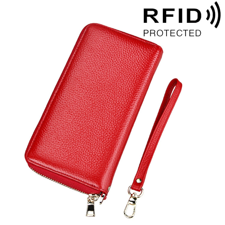 محفظة بطاقات طويلة بسحاب من جلد بقر أصلي بنقشة الليتشي مع حجب RFID، حافظة عملات، حقيبة بطاقات، غطاء حماية مع حزام يد للنساء، الحجم: 20*10.5*3 سم