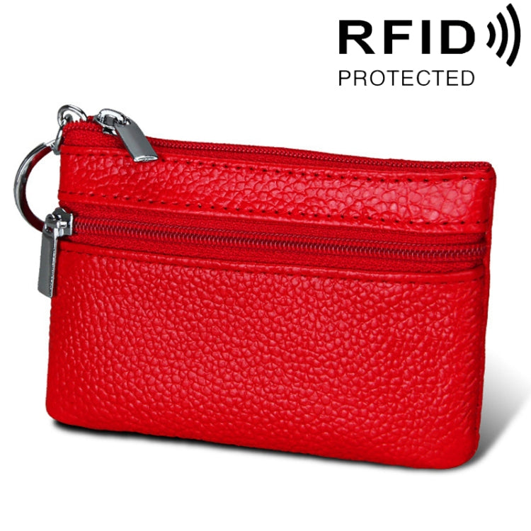 Cowhide Leather Zipper Solid Color Horizontal Card Holder Wallet RFID Blocking Coin Purse Card Bag Protect Case, Size: 11.4*7.4cm