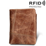 Genuine Cowhide Leather Crazy Horse Texture Zipper 3-folding Short Style Card Holder Wallet RFID Blocking Coin Purse Card Bag Protect Case for Men, Size: 12*9.5*4cm(Taupe), 3585