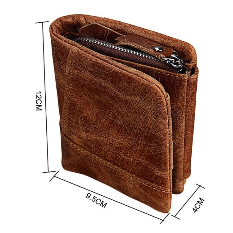 Genuine Cowhide Leather Crazy Horse Texture Zipper 3-folding Short Style Card Holder Wallet RFID Blocking Coin Purse Card Bag Protect Case for Men, Size: 12*9.5*4cm(Taupe), 3585