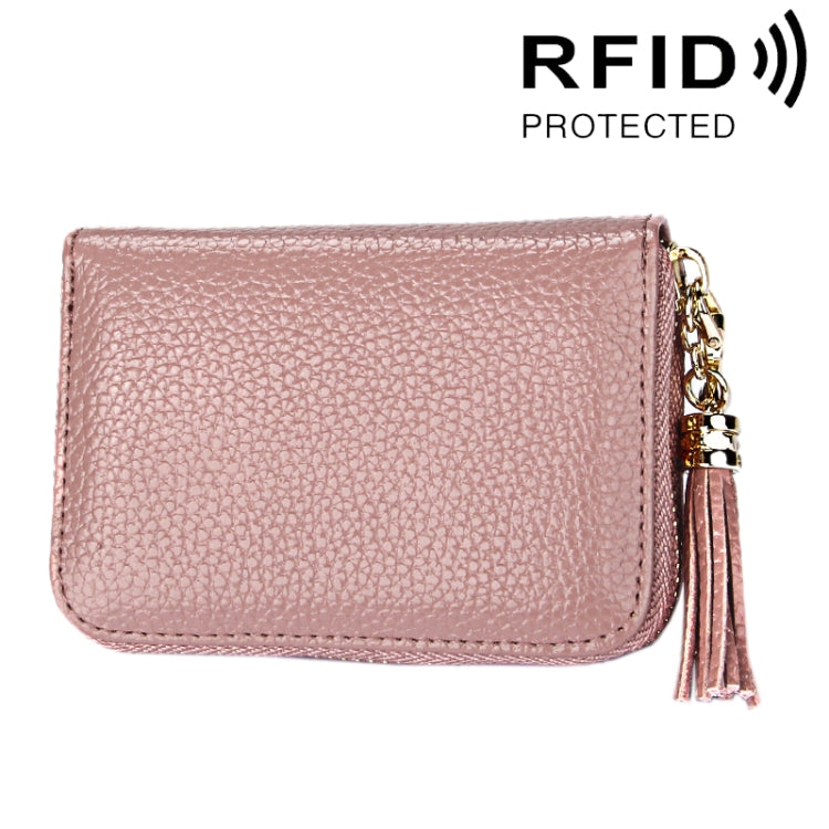 محفظة حامل بطاقات بسحاب من جلد بقرة أصلي بلون صلب مع حجب RFID، حقيبة حماية بطاقات، محفظة عملات مع شرابة وتعليق، 15 فتحة بطاقات للنساء، المقاس: 11.1*7.6*3.5 سم