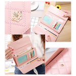 Fashion Argyles Texture Metal Crown 3-Folding Long Design PU Leather Wallet Coin Purse for Women