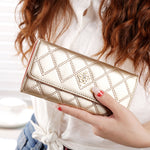 Fashion Argyles Texture Metal Crown 3-Folding Long Design PU Leather Wallet Coin Purse for Women