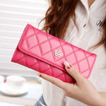 Fashion Argyles Texture Metal Crown 3-Folding Long Design PU Leather Wallet Coin Purse for Women