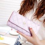 Fashion Argyles Texture Metal Crown 3-Folding Long Design PU Leather Wallet Coin Purse for Women