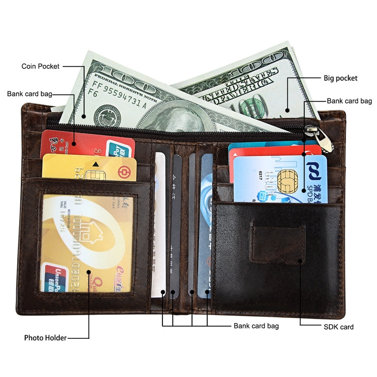 8232 Antimagnetic RFID Men Oil Wax Leather Wallet with Detachable Card Holder, 8232