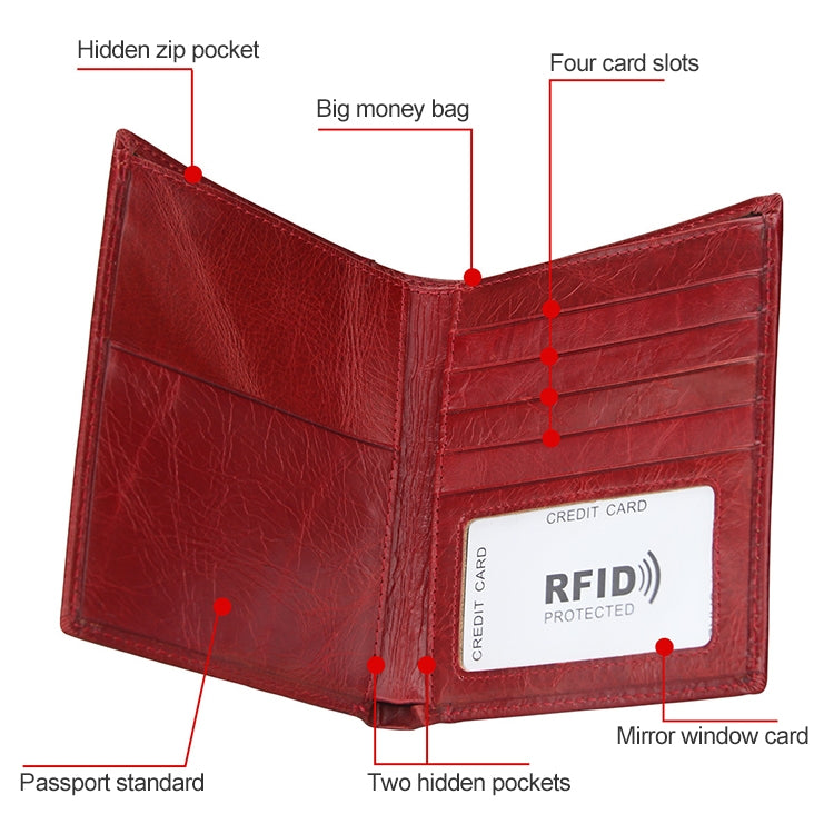 8235 Antimagnetic RFID Multi-function Crazy Horse Texture Leather Wallet Passport Bag