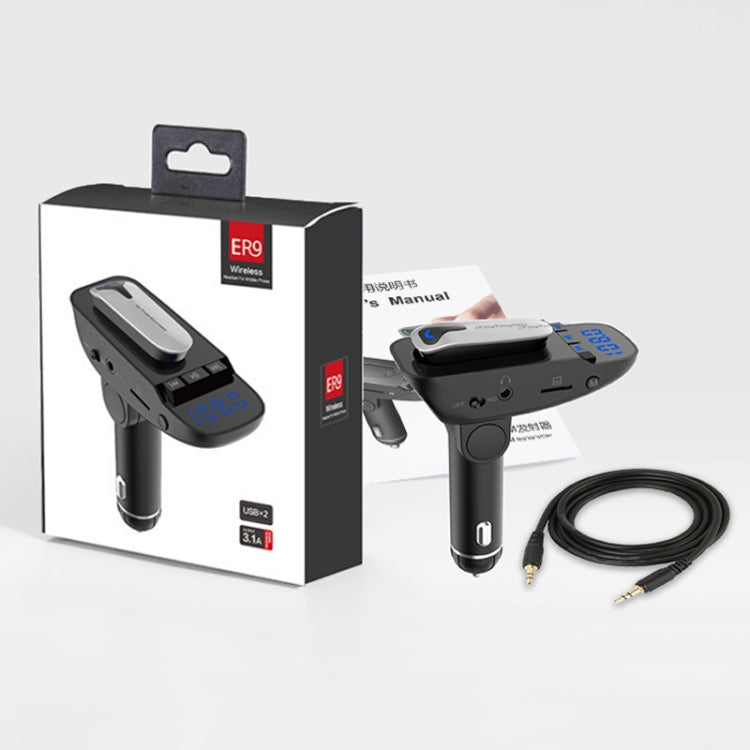 ER9 2 in 1 Hands-Free Calling Car Kit Wireless Bluetooth Headset Dual USB Charger FM Transmitter MP3 Music Player, ER9