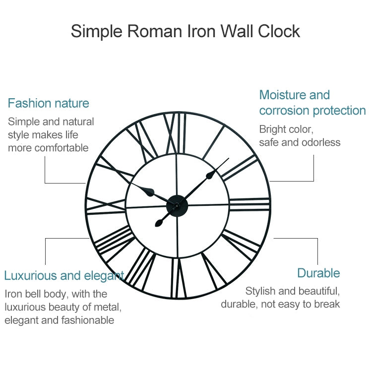 40cm Retro Living Room Iron Round Roman Numeral Mute Decorative Wall Clock, 40cm
