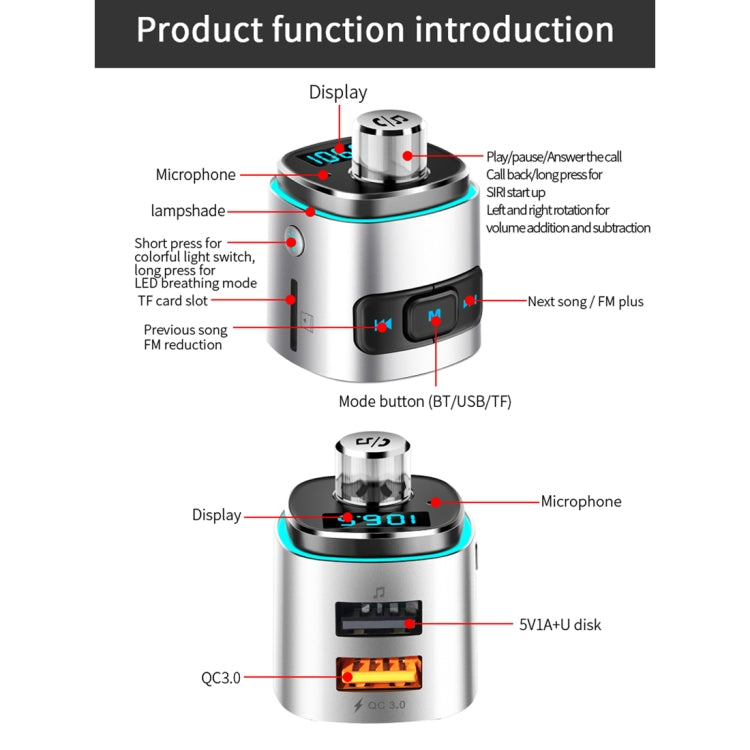 BC42 Bluetooth 5.0 Multi-function Car Colorful Atmosphere Lamp MP3 Player, Support TF Card & U Disk & FM, BC42