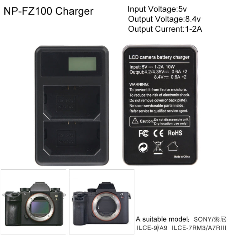 Dual Channel Digital LCD Display Battery Charger with USB Port for Sony NP-FZ100 Battery, Compatible with Sony A9 (ILCE-9), Dual NP-FZ100 Battery