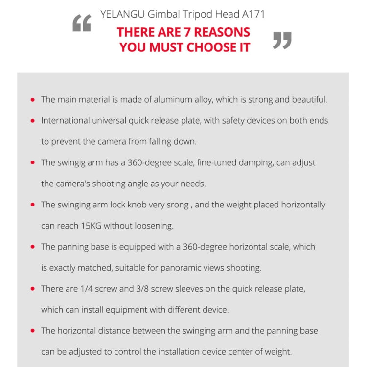 YELANGU A171 YLG0401E-C 360 Degree Rotation Horizontal Cantilever Gimbal Tripod Head for Home DV and SLR Cameras, YELANGU A171