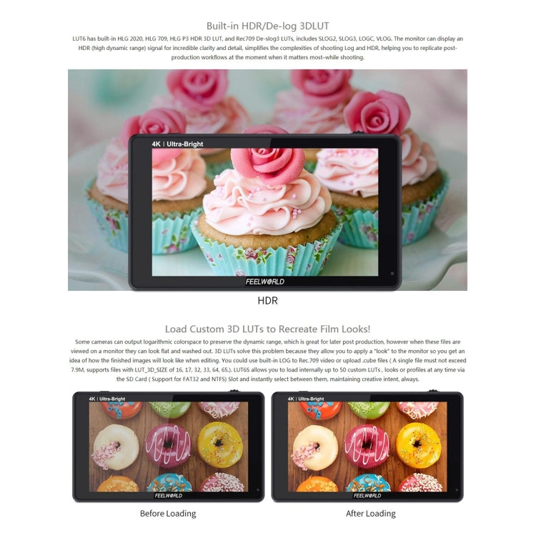 FEELWORLD LUT6 1920x1080 2600 nits 6 inch IPS Screen HDMI 4K Touch Control Camera Field Monitor, LUT6