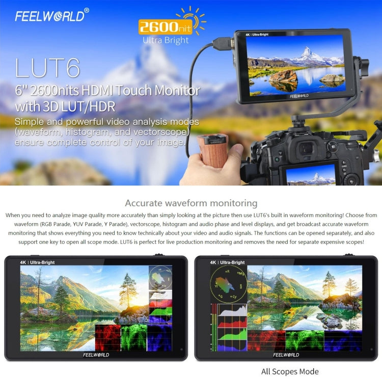 FEELWORLD LUT6 1920x1080 2600 nits 6 inch IPS Screen HDMI 4K Touch Control Camera Field Monitor, LUT6