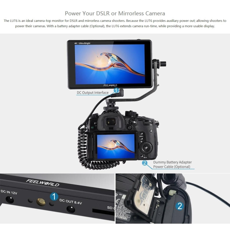 FEELWORLD LUT6 1920x1080 2600 nits 6 inch IPS Screen HDMI 4K Touch Control Camera Field Monitor, LUT6