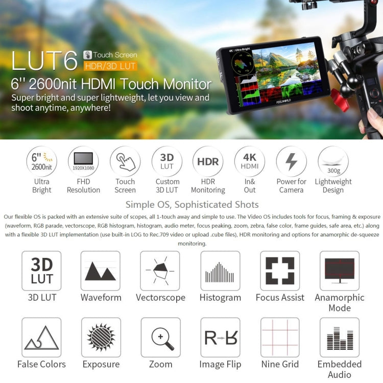 FEELWORLD LUT6 1920x1080 2600 nits 6 inch IPS Screen HDMI 4K Touch Control Camera Field Monitor, LUT6