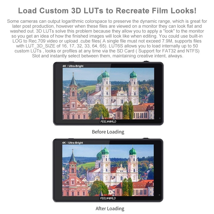 FEELWORLD LUT6S 1920x1080 2600 nits 6 inch IPS Screen HDMI 4K Touch Screen SDI HDI Camera Field Monitor, LUT6S