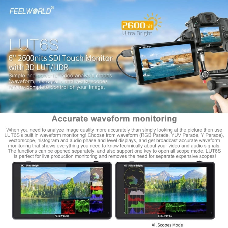 FEELWORLD LUT6S 1920x1080 2600 nits 6 inch IPS Screen HDMI 4K Touch Screen SDI HDI Camera Field Monitor, LUT6S