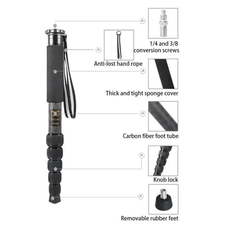 BEXIN P306C Portable Travel Outdoor DSLR Camera Carbon Fiber Monopod Holder, P306C