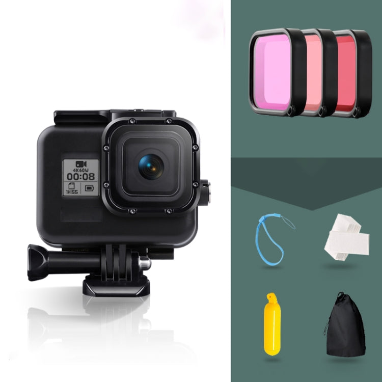 For GoPro HERO8 Black 45m Waterproof Housing Protective Case with Buckle Basic Mount & Screw & (Purple, Red, Pink) Filters & Floating Bobber Grip & Strap & Anti-Fog Inserts, Transparent HERO8 Case+Filters