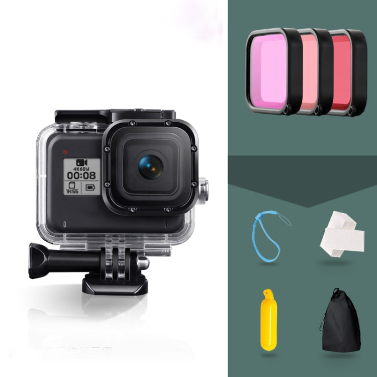 For GoPro HERO8 Black 45m Waterproof Housing Protective Case with Buckle Basic Mount & Screw & (Purple, Red, Pink) Filters & Floating Bobber Grip & Strap & Anti-Fog Inserts, Black HERO8 Case+Filters